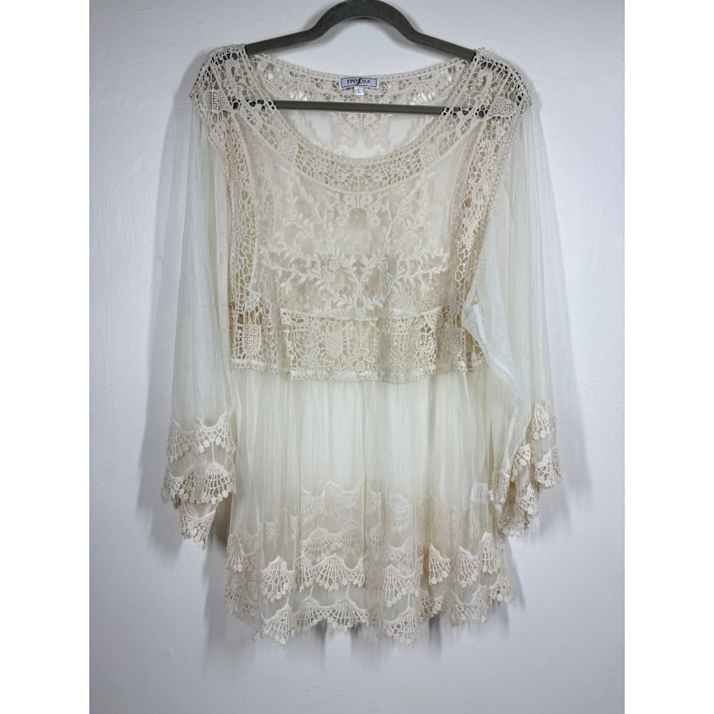 Profile Apparel Womens Blouse L Ivory Sheer Lace Mesh Boho Cottagecore Ethereal